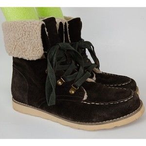 Aldo Boots Shearling Mid Calf Brown Suede Round Toe Lace Up Winter Womens 41